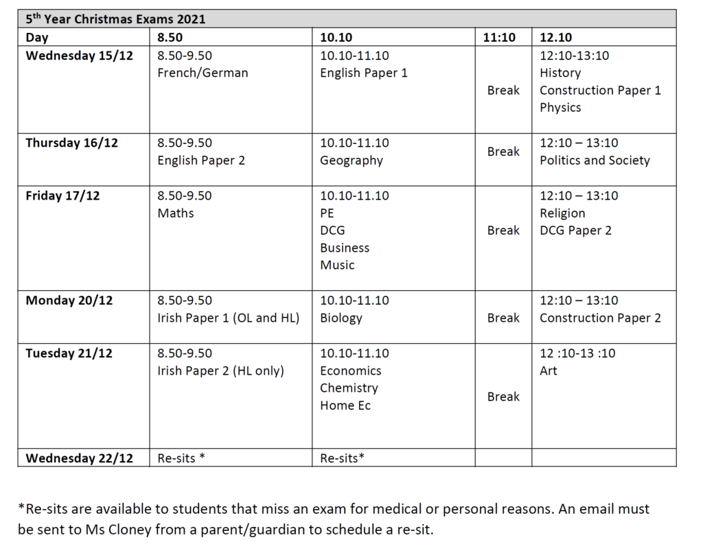 5th Year Christmas Exam Timetable 2021 Newpark Comprehensive School